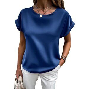 Women's Short Sleeve Pullover Blouses Satin Blue